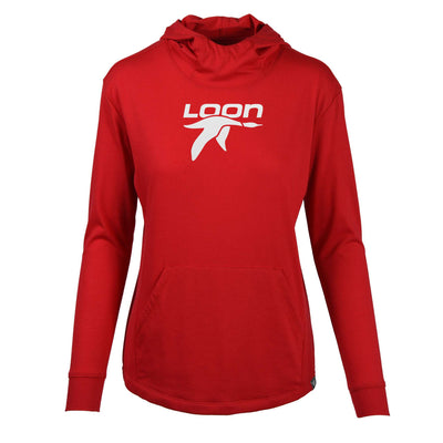 Loon Mountain Women's Lightweight Tech Hoody White Chest Logo SOLID FLAME RED