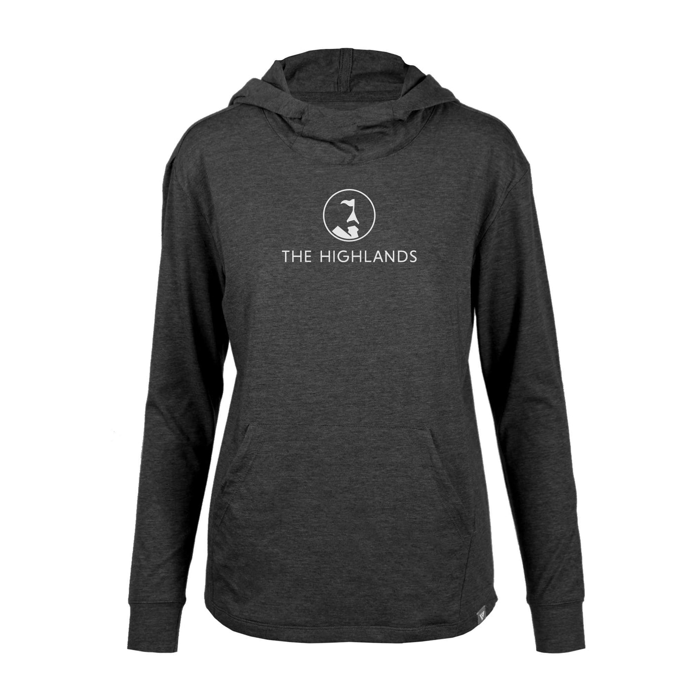 The Highlands Women's Lightweight Tech Hoody White Chest Logo HEATHER CHARCOAL