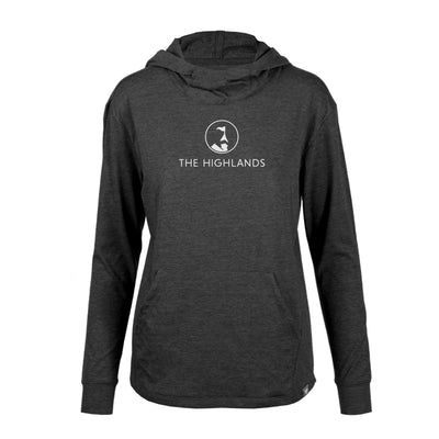 The Highlands Women's Lightweight Tech Hoody White Chest Logo HEATHER CHARCOAL