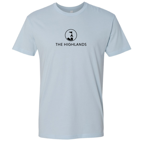 The Highlands Adult T-Shirt Black Chest Logo Light Blue 