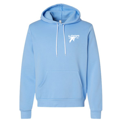 Loon Mountain Adult Hoodie White Chest and Back Logo Carolina Blue