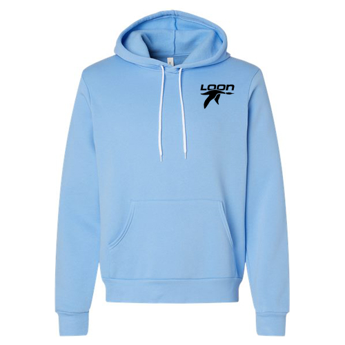 Loon Mountain Adult Hoodie Black Chest and Back Logo Carolina Blue