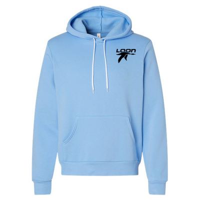 Loon Mountain Adult Hoodie Black Chest and Back Logo Carolina Blue