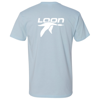 Loon Mountain Adult T-Shirt White Chest and Back Logo Light Blue