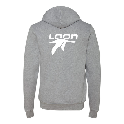 Loon Mountain Adult Hoodie White Chest and Back Logo Athletic Heather