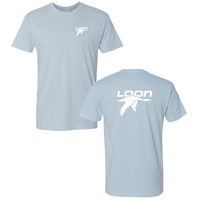 Loon Mountain Adult T-Shirt White Chest and Back Logo Light Blue