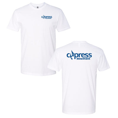 Cypress Adult T-Shirt Blue Chest and Back Logo White 