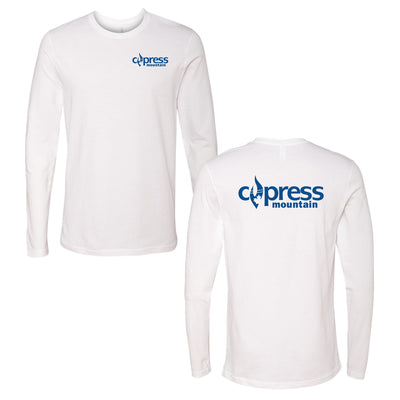 Cypress Adult Long Sleeve Blue Chest and Back Logo White 