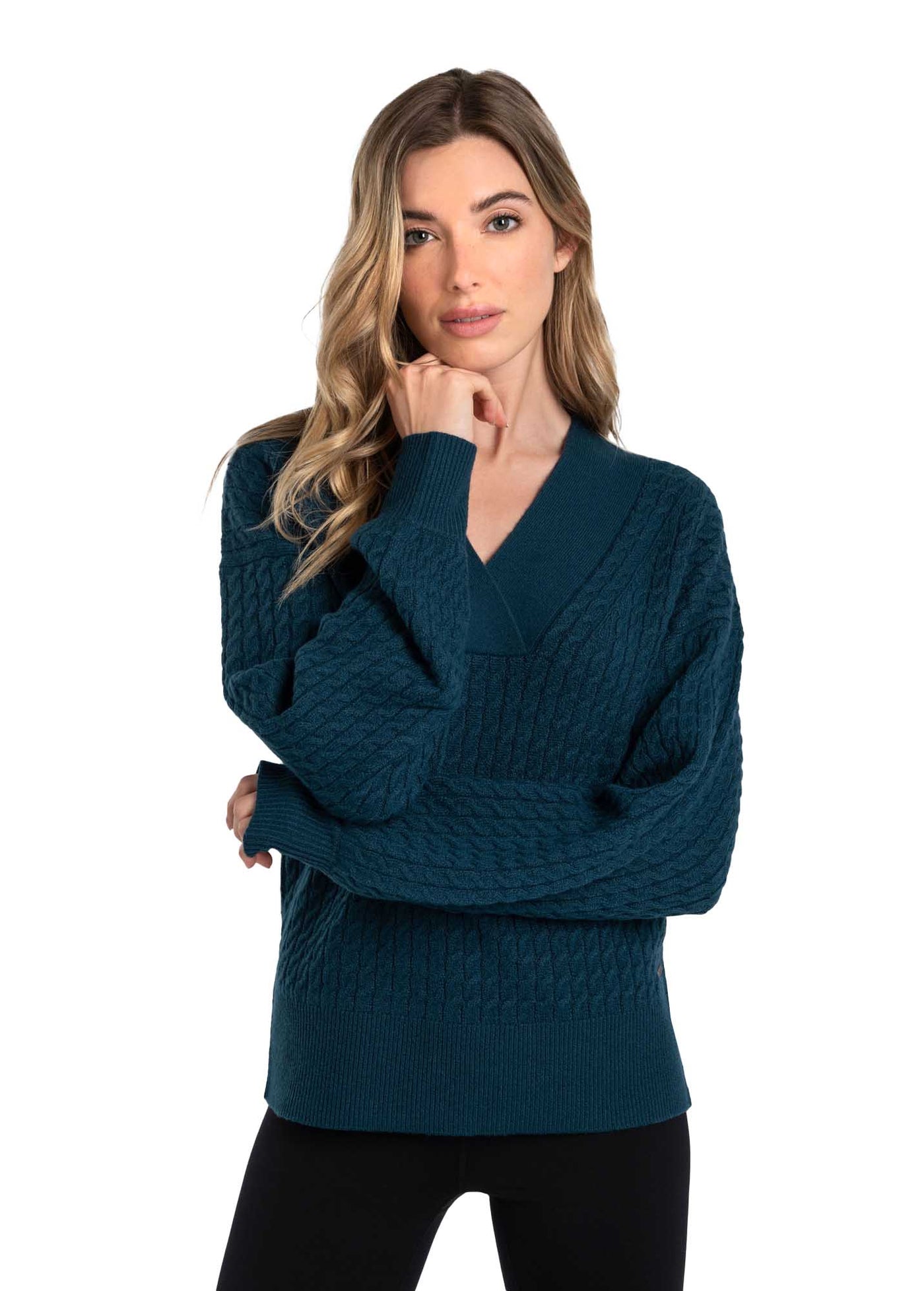 Lole Women's Camille V-Neck Sweater 2024 FJORD BLUE HEATHER