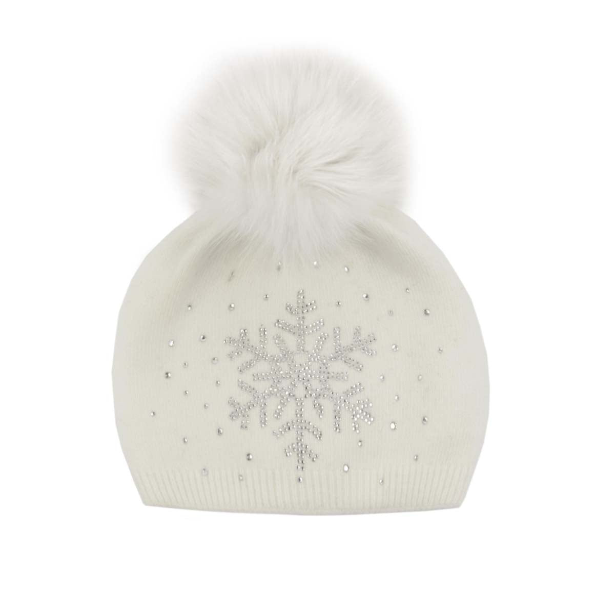 Mitchie's Matchings Women's Snowflake Sparkle Beanie with Snap Upcycled Fox Pom 2025 WHITE