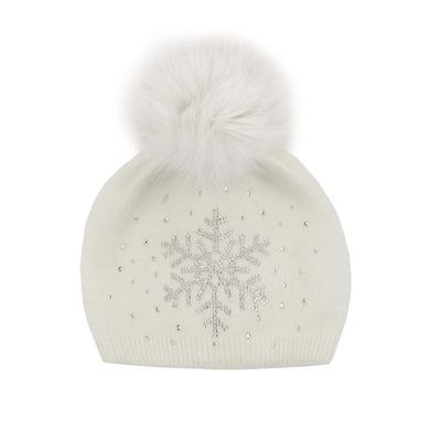 Mitchie's Matchings Women's Snowflake Sparkle Beanie with Snap Upcycled Fox Pom 2025 WHITE