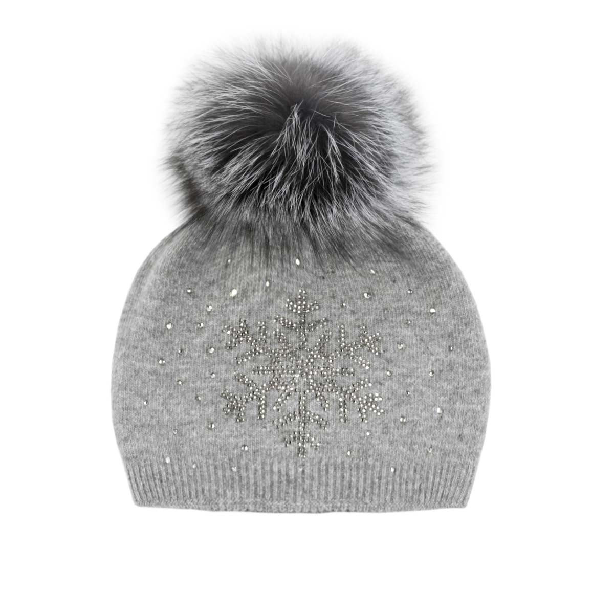 Mitchie's Matchings Women's Snowflake Sparkle Beanie with Snap Upcycled Fox Pom 2025 GREY