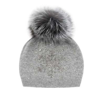 Mitchie's Matchings Women's Snowflake Sparkle Beanie with Snap Upcycled Fox Pom 2025 GREY