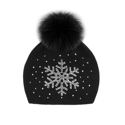 Mitchie's Matchings Women's Snowflake Sparkle Beanie with Snap Upcycled Fox Pom 2025 BLACK