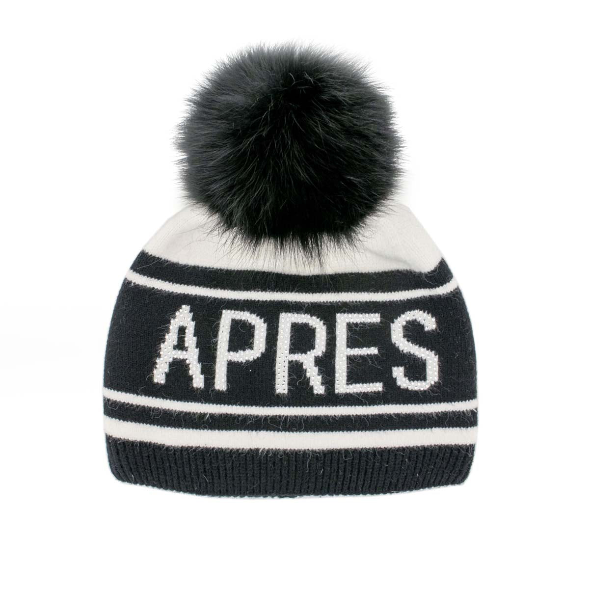 Mitchie's Matchings Women's Apres Ski Knit Hat with Fox Pom 2025 BLACK-WHITE