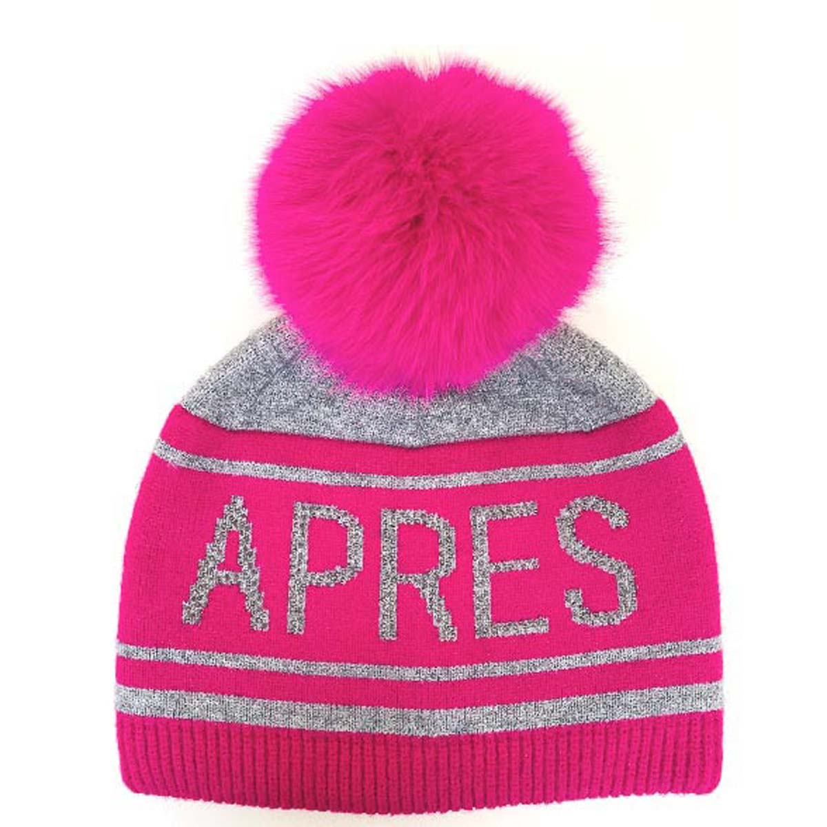 Mitchie's Matchings Women's Apres Ski Knit Hat with Fox Pom 2025 FUSCHIA