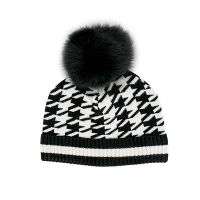 Mitchie's Matchings Women's Knit Houndstooth Beanie with Fox Pom 2025 BLACK