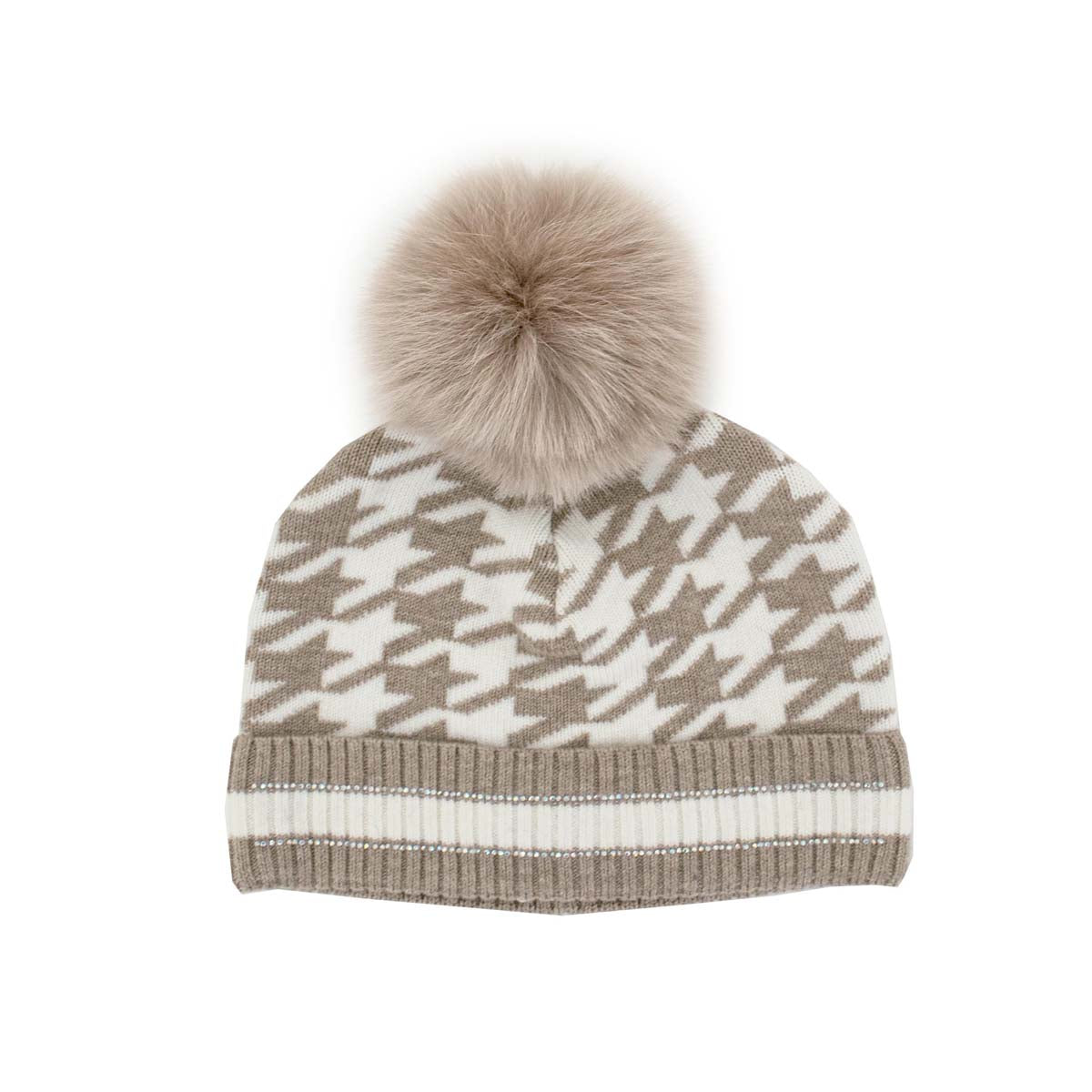 Mitchie's Matchings Women's Knit Houndstooth Beanie with Fox Pom 2025 CAMEL