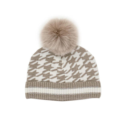 Mitchie's Matchings Women's Knit Houndstooth Beanie with Fox Pom 2025 CAMEL