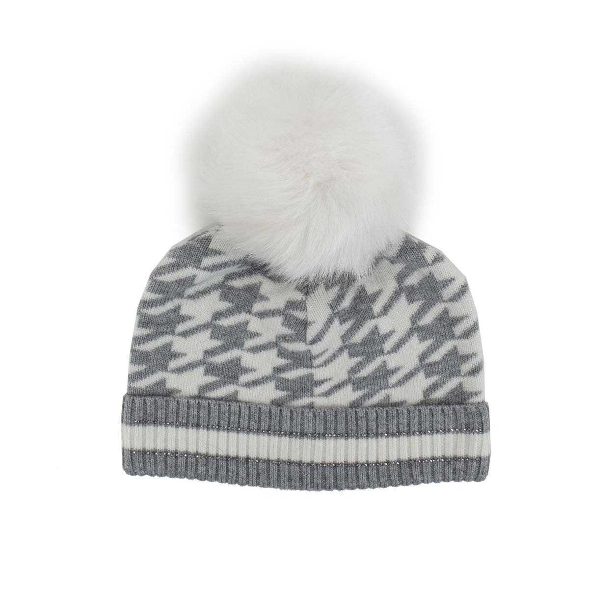 Mitchie's Matchings Women's Knit Houndstooth Beanie with Fox Pom 2025 GREY