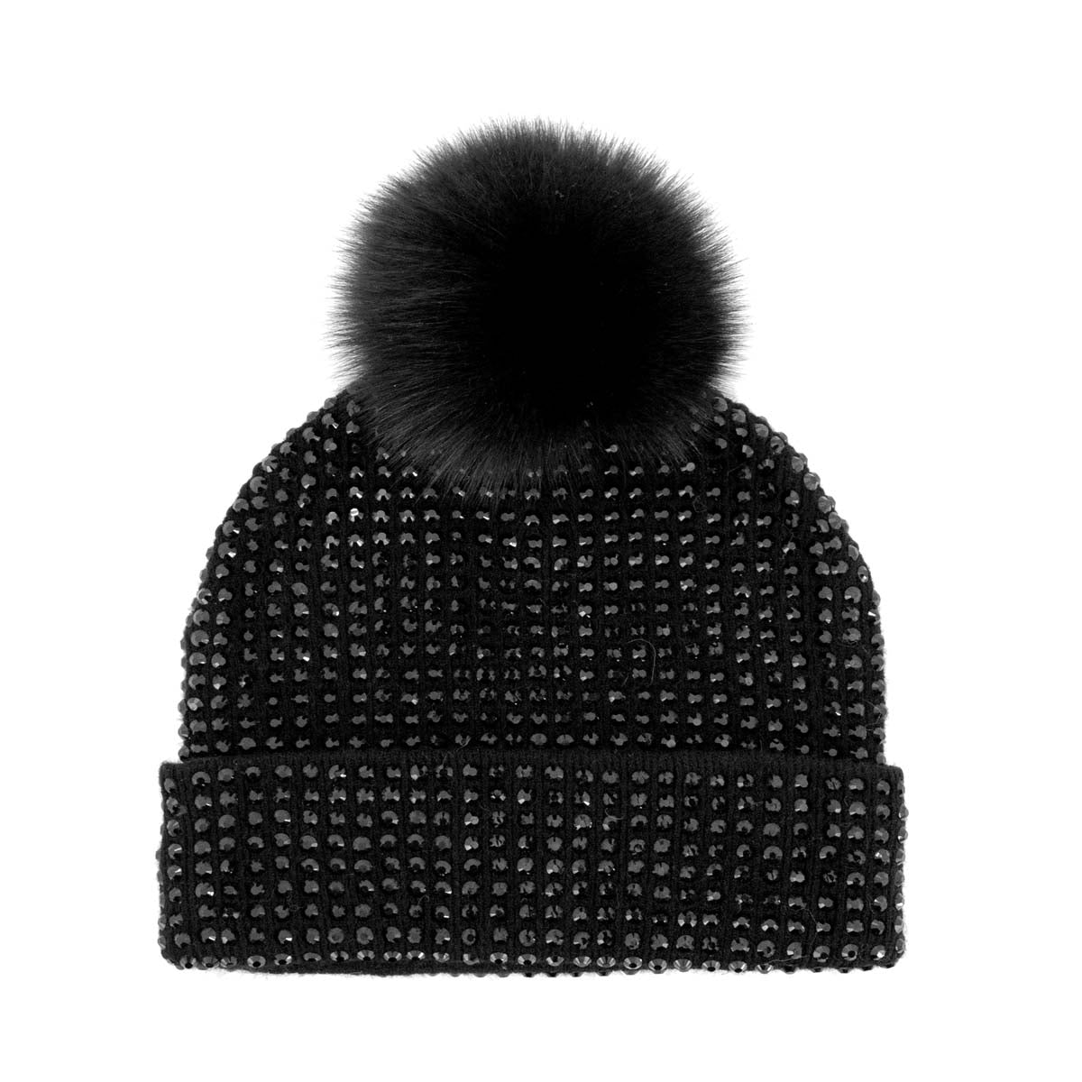 Mitchie's Matchings Women's Knit Crystal Beanie with Fox Pom 2025 BLACK