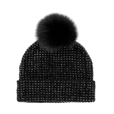 Mitchie's Matchings Women's Knit Crystal Beanie with Fox Pom 2025 BLACK