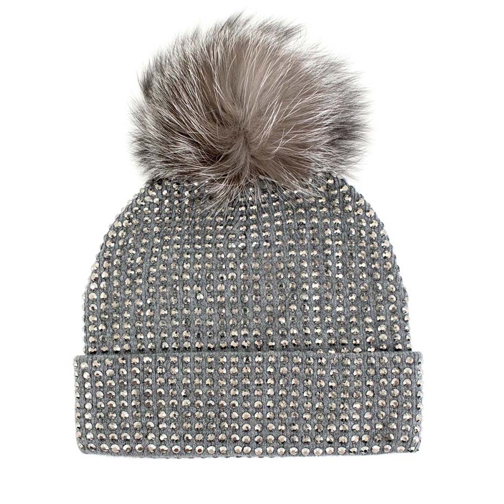 Mitchie's Matchings Women's Knit Crystal Beanie with Fox Pom 2025 CHARCOAL