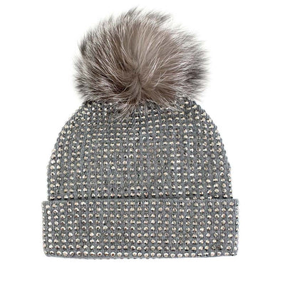 Mitchie's Matchings Women's Knit Crystal Beanie with Fox Pom 2025 CHARCOAL