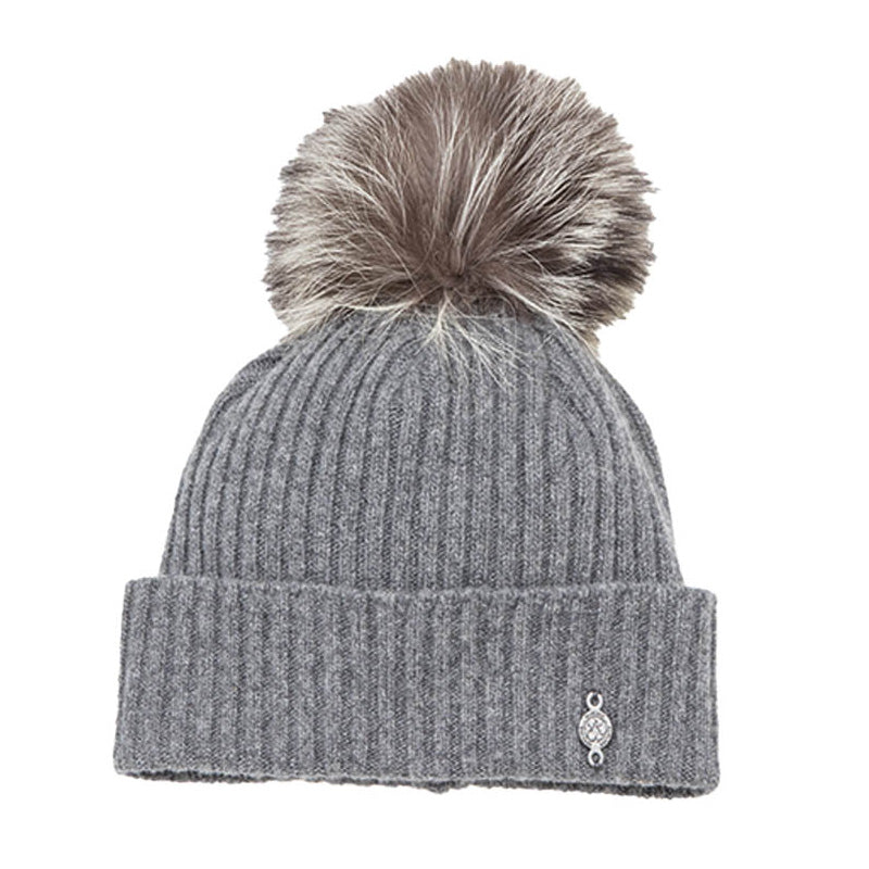 Harricana Women's Recycled Cashmere Beanie with Fur Pom 2025 GREY