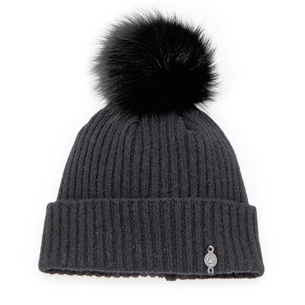 Harricana Women's Recycled Cashmere Beanie with Fur Pom 2025 BLACK