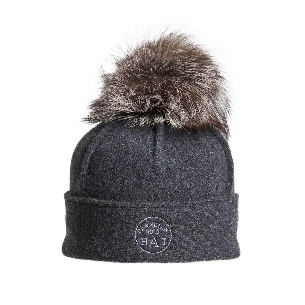 Canadian Hat Women's Orwel-P Ormos Pleated Beanie with Upcycled Fur Pom 2025 CHARCOAL