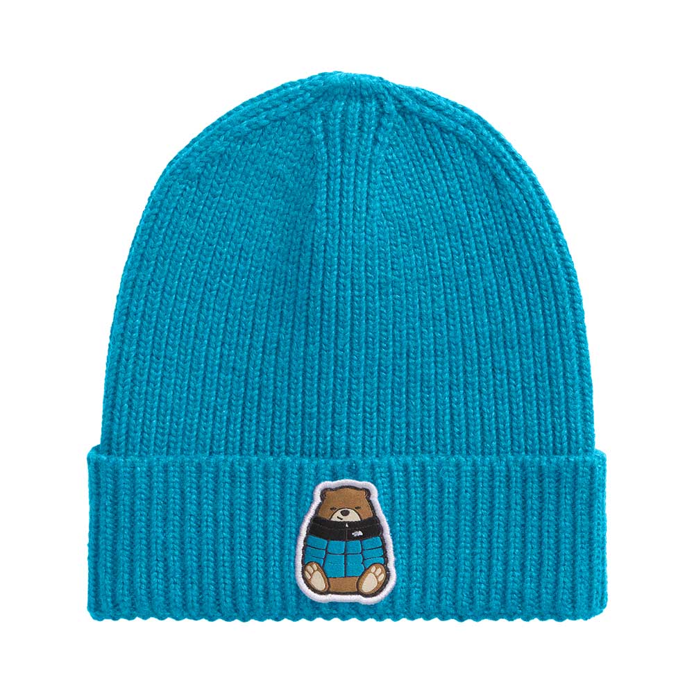 The North Face Junior's Logo Box Cuffed Beanie 2026 FOP MERIDIAN BLUE/NUPTSE BEAR PATCH