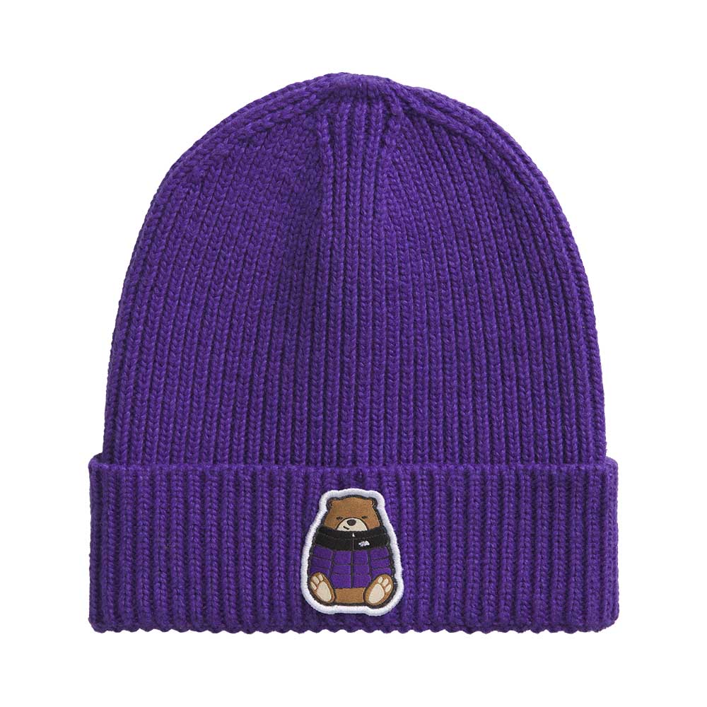The North Face Junior's Logo Box Cuffed Beanie 2026 FOS PEAK PURPLE/NUPTSE BEAR PATCH