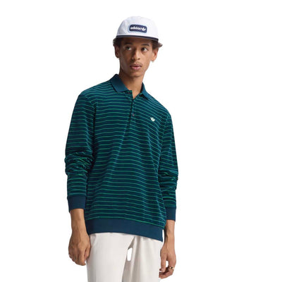 Adidas Originals Men's Velour Long Sleeve Polo 2025 NIGHT INDIGO/GREEN