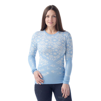 Smartwool Women's Intraknit Thermal Merino Base Layer Pattern Crew 2025 P07 Serene Blue White