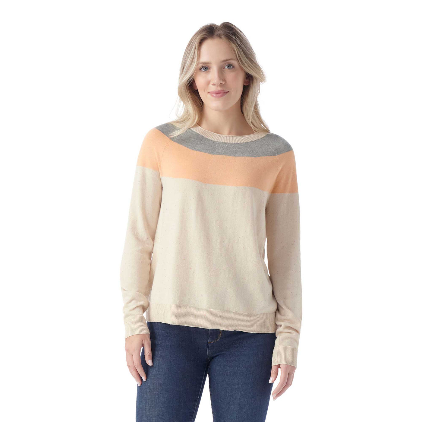 Smartwool Women's Edgewood Colorblock Crew Sweater 2025 ALMOND DONEGAL