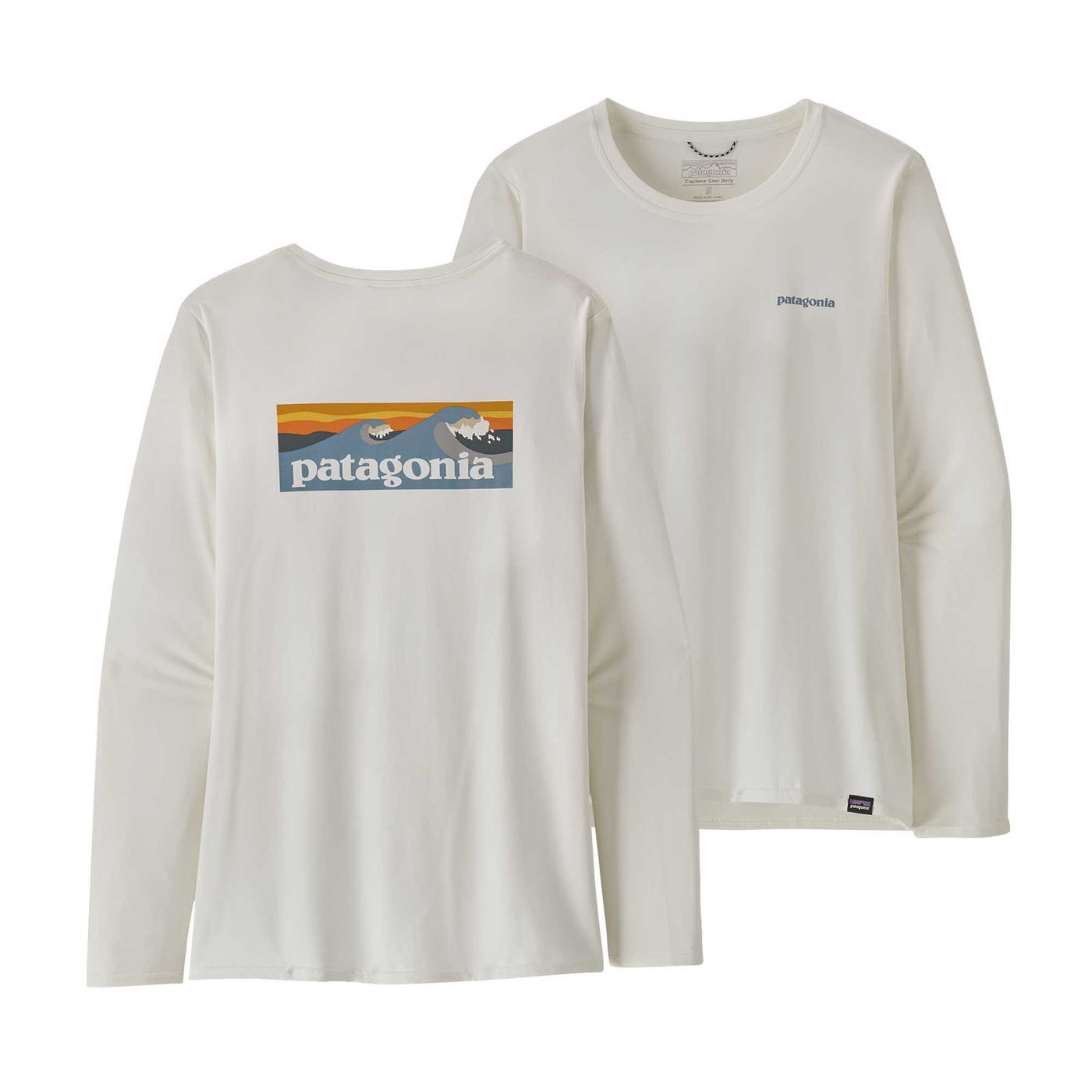 Patagonia Women's Long-Sleeved Capilene® Cool Daily Graphic Shirt - Waters 2024 BOARDSHORT LOGO LIGHT PLUME GREY: WHITE