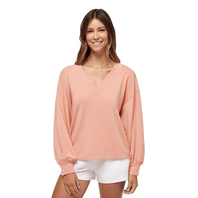 TravisMathew Women's Cloud Terry V-Neck Top 2024 HEATHER CANYON SUNSET