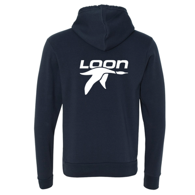 Loon Mountain Adult Hoodie White Chest and Back Logo Navy