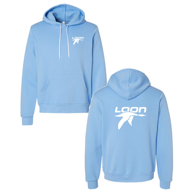 Loon Mountain Adult Hoodie White Chest and Back Logo Carolina Blue