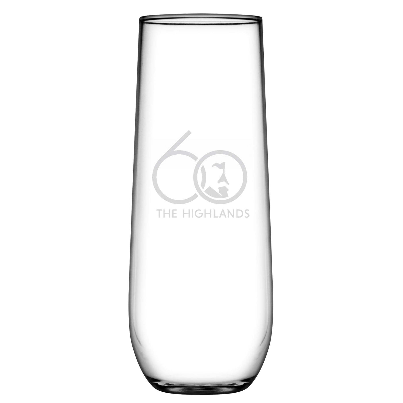 SUSQUEHANNA GLASS HIGH STEMLESS FLUTE 8.5OZ 60TH LOGO 