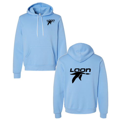 Loon Mountain Adult Hoodie Black Chest and Back Logo Carolina Blue