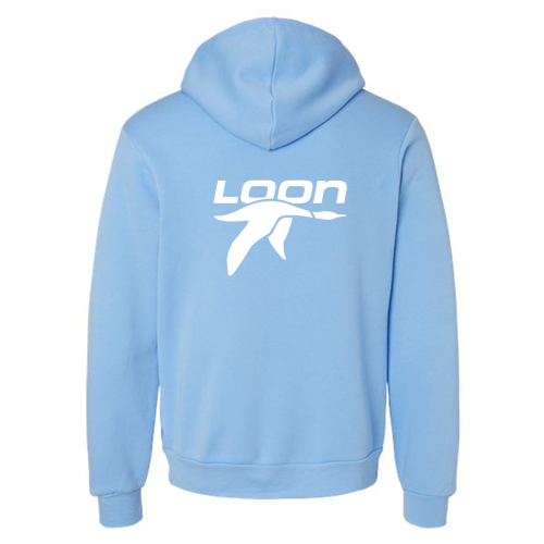 Loon Mountain Adult Hoodie White Chest and Back Logo Carolina Blue