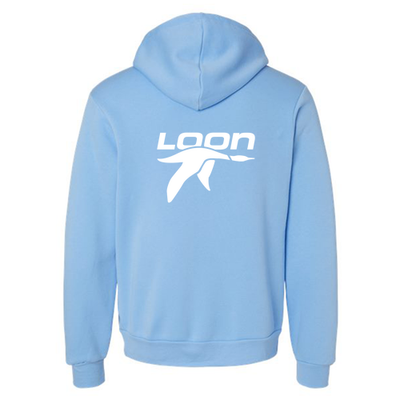 Loon Mountain Adult Hoodie White Chest and Back Logo Carolina Blue