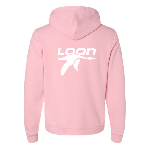 Loon Mountain Adult Hoodie White Chest and Back Logo Pink