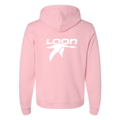 Loon Mountain Adult Hoodie White Chest and Back Logo Pink
