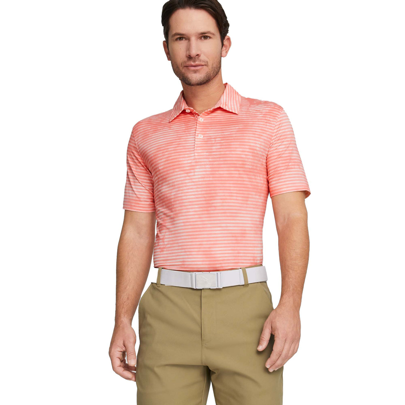 PUMA PUMA MEN'S CLOUDSPUN DYE STRIPE POLO FLAMINGO PINK